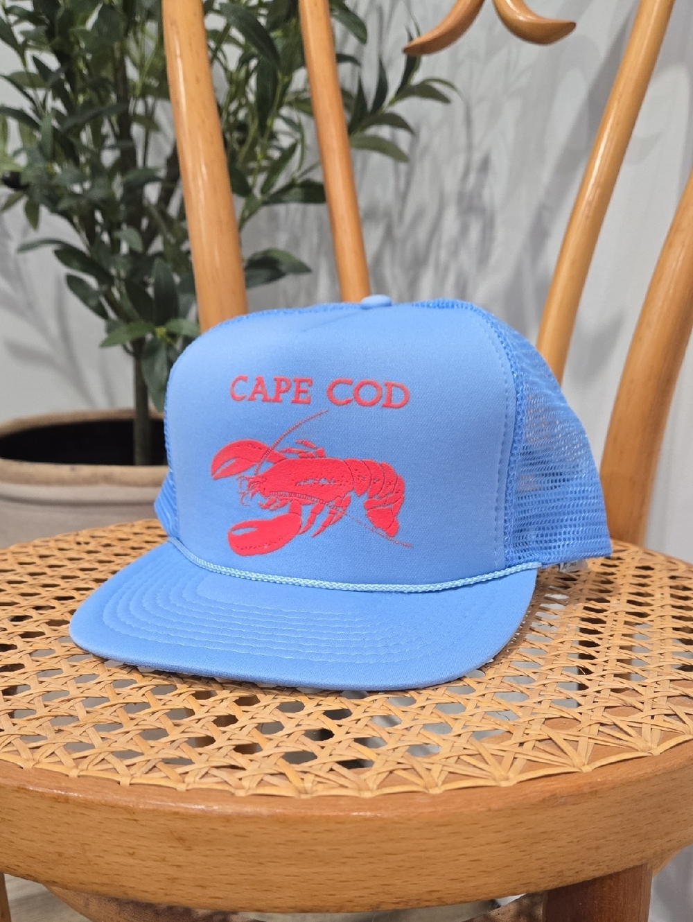 Retro 80's Cape Cod Lobster Trucker Hat - Light Blue with Red